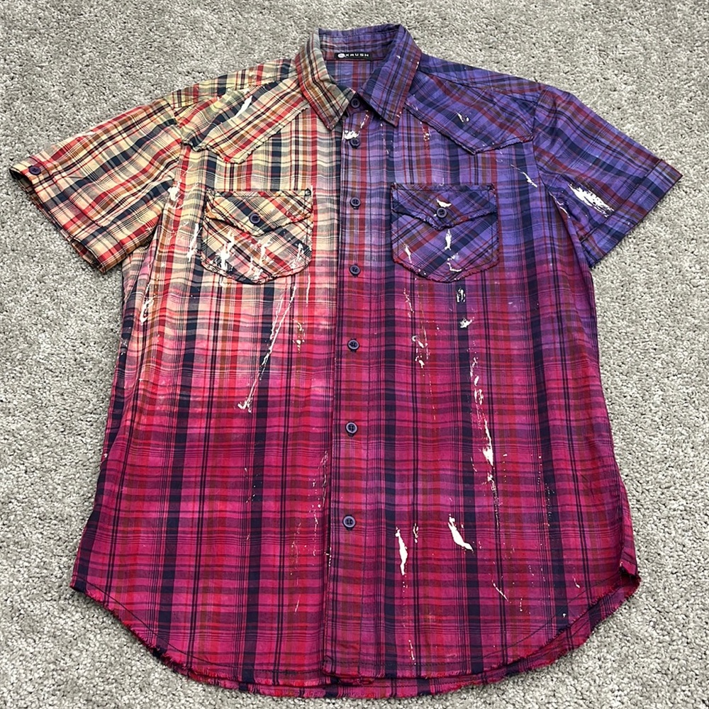 Krush LA Multi Color Plaid Button Up Splatter Print Shirt Men’s M